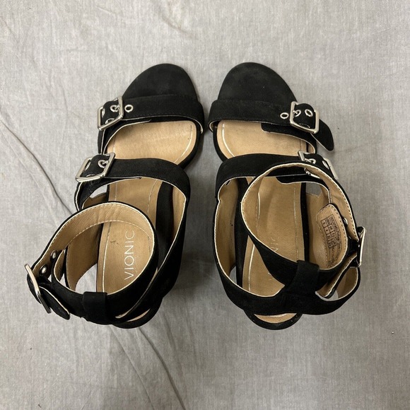 Vionic Carmel Sandal Womens Size 6 Black Suede Ankle Strap Chunky Heels Fs Chrty - Picture 7 of 11